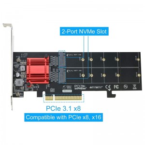 Dubbele NVMe PCIe-adapter, M.2 NVMe SSD na PCI-E 3.1 X8/X16-kaartsteun M.2 (M-sleutel) NVMe SSD 22110/2280/2260/2242