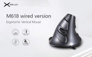 Delux M618 BU Ergonomis Vertikal Mouse 6 Tombol 800/1200/1600 DPI Optik Tangan Kanan Tikus dengan Pergelangan Tangan Tikar untuk PC Laptop