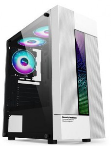 Desktop-Gaming-Gehäuse der Einstiegsklasse aus weißem, transparentem Glas mit LED-Lüfter