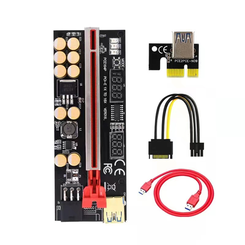 නව V016 USB 3.0 PCI-E Riser Express 1X 4x 8x 16x Extender Riser Adapter Card SATA 15pin සිට 6 පින් දක්වා බල කේබලය
