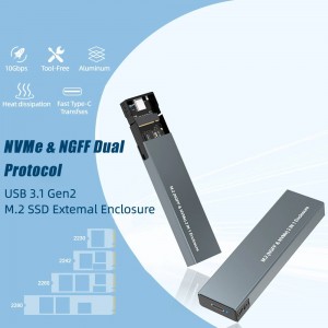 അലുമിനിയം M.2 NVME, SATA NGFF എൻക്ലോഷർ ഡ്യുവൽ പ്രോട്ടോക്കോൾ Gen 2 USB 3.1 M.2 SSD എക്സ്റ്റേണൽ ഹാർഡ് ഡിസ്ക് ഡ്രൈവ് അഡാപ്റ്റർ HDD UASP NGFF