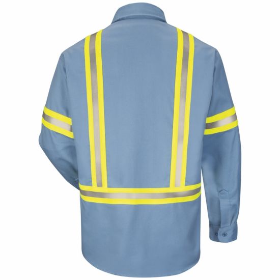 Kemeja Hi Vis 100% Kapas untuk Pakaian Kerja Keselamatan Perlindungan Lelaki dengan Pita Reflektif