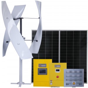 Sistema de energia vertical, gerador de turbina eólica e painéis solares, sistema de rede híbrido desligado/ligado com armazenamento de energia