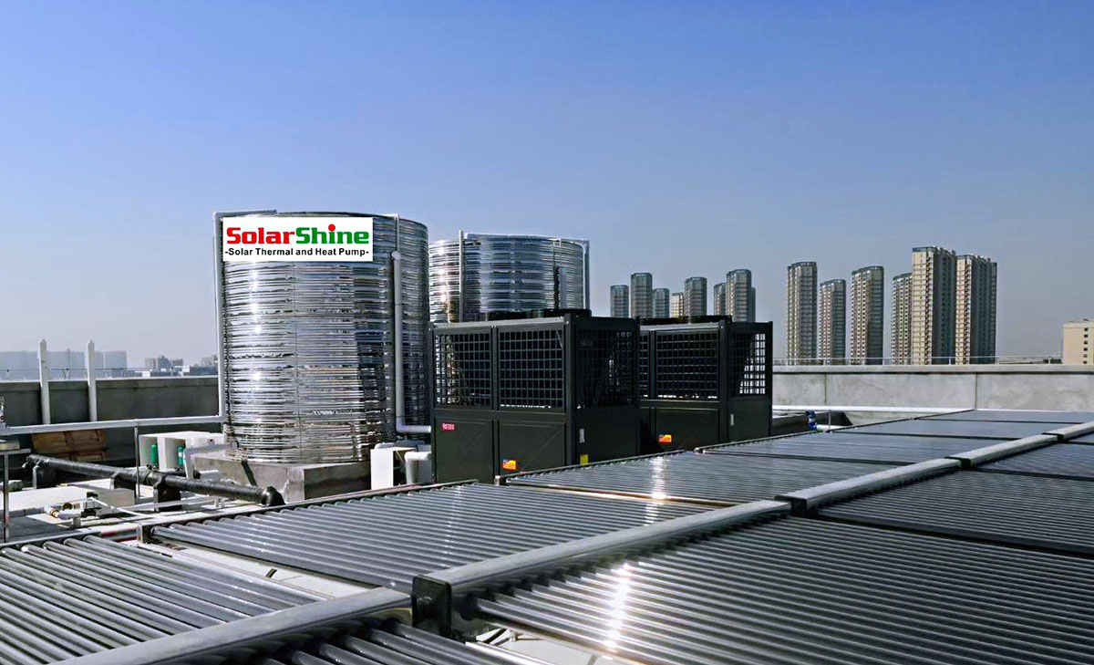 110000 Liters Solar Thermal Hybrid Air Source Heat Pump Project for Factory, done!