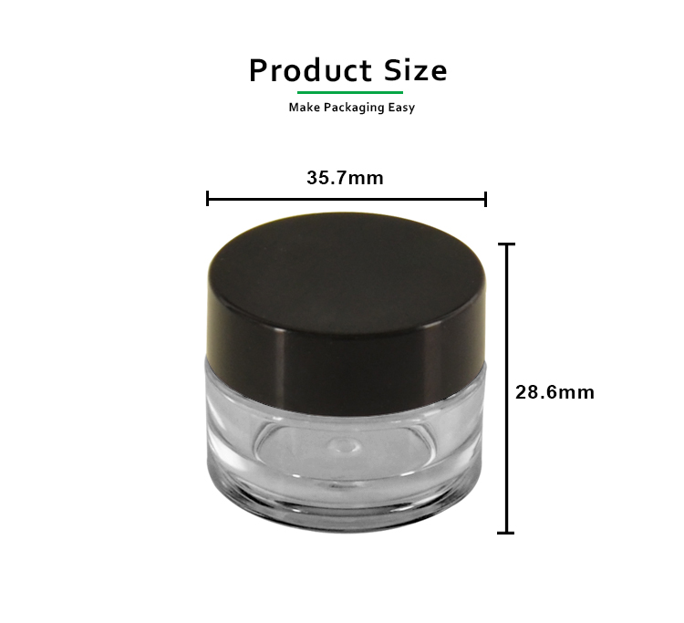 8 ml uusi paksuseinäinen kirkas PET-kosmetiikkapurkki High Clarity pyöreä pohja, raskas seinä mustalla kannella