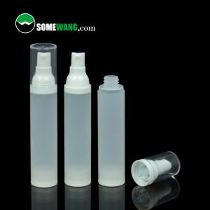 Bezplatná vzorka biela 15 ml 20 ml 30 ml 50 ml fľaša s pumpičkou na kozmetiku, plastová fľaša s pumpičkou na bezvzduchové mlieko z PP