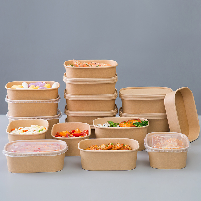 Pravokutni okrugli kutni kontejner za vađenje salata Pržena riža Kraft papir Kutije za pakovanje hrane za ručak