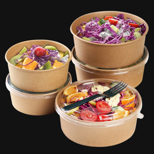 Imballaggio di carta per l'alimentu da asportu stampatu persunalizatu di qualità alimentaria marrone per insalata di frutta con coperchio