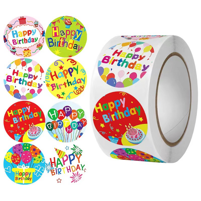 ໂຮງງານຜະລິດໂດຍກົງ Custom ກາວໂລໂກ້ Cute Stickers 500 Happy Birthday Gift Paper Stickers For Party Birthday