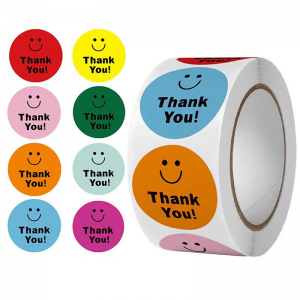 Adhesivos personalizados de agradecemento. Etiquetas redondas de 500 unidades por rolo. Bonito adhesivo de festa para embalaxe de agasallos