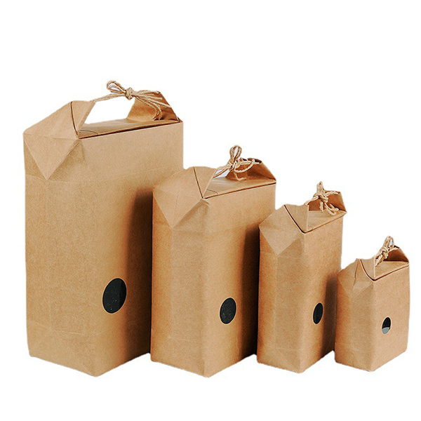 ჩინეთის OEM მწარმოებლები ყავისფერი საკვების ჩანთების მიწოდება კრაფტის ქაღალდის ბრინჯის ფქვილის ჩანთა სახელურით