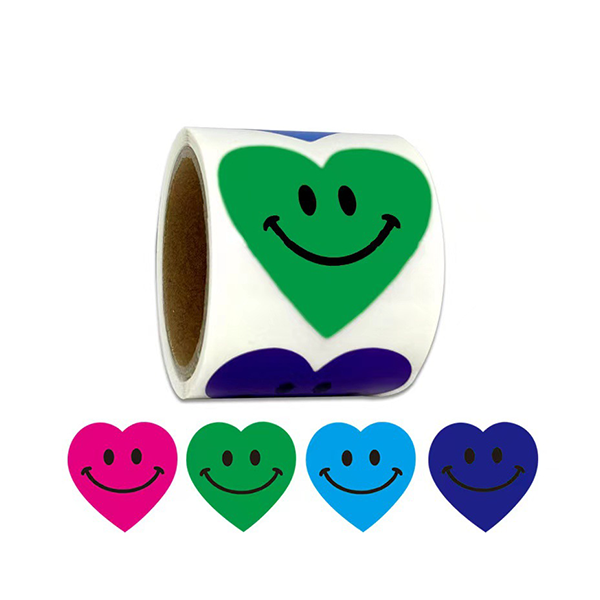 Wholesale Custom 500 pa woulo liv 1 pous Multi-koulè Heartd-fòm Happy Smiley Face Sticker