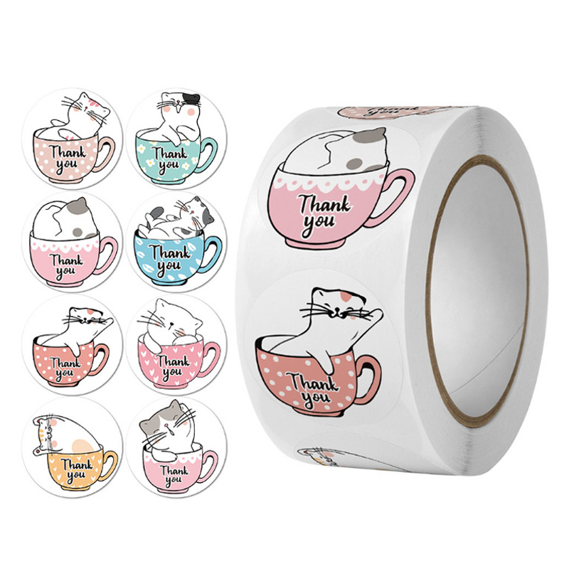 Amazon 500 dona Roll Cup Cat Design Thank you Sticker Store Sovg'a yorlig'i