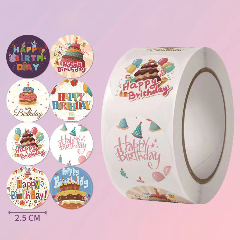 Amazon Hot Sale Custom Logo Çapkirî Roll Adhesive Paper Zêrîn Stamping Round Happy Birthday Seal Label Stickers for Packaging