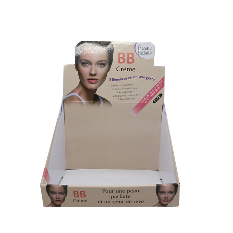 ການອອກແບບໃຫມ່ China cardboard supermarket merchandising box cosmetic paper display stand rack with custom logo