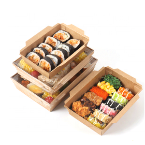 የቻይና አቅራቢ ጅምላ ርካሽ አራት ማዕዘን / ክብ የሚወስድ Kraft Paper Sushi Box