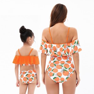 Volangtopp Orange tryckt Matchande familj Mor och dotter Nya små barn flickor badkläder för 10 årig flicka