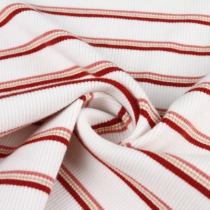 Tekstil populer benang elastis rayon khusus yang diwarnai dengan kain rajutan rusuk 2*2 garis untuk pakaian dalam garmen