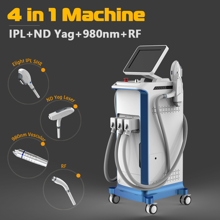 Makinë 4 në 1 Makinë shumëfunksionale për heqjen vaskulare 980 nm Makinë 980 nm+ipl+nd yag+rf Makinë 4 në 1 980 nm Heqja vaskulare Makina më efektive 980 nm për heqjen e venave merimangë vaskulare