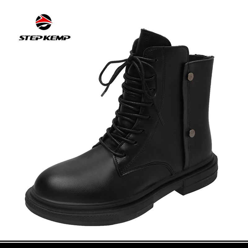 New Fashion Black Leather Boots Girls Casual Platform Lace up Boots