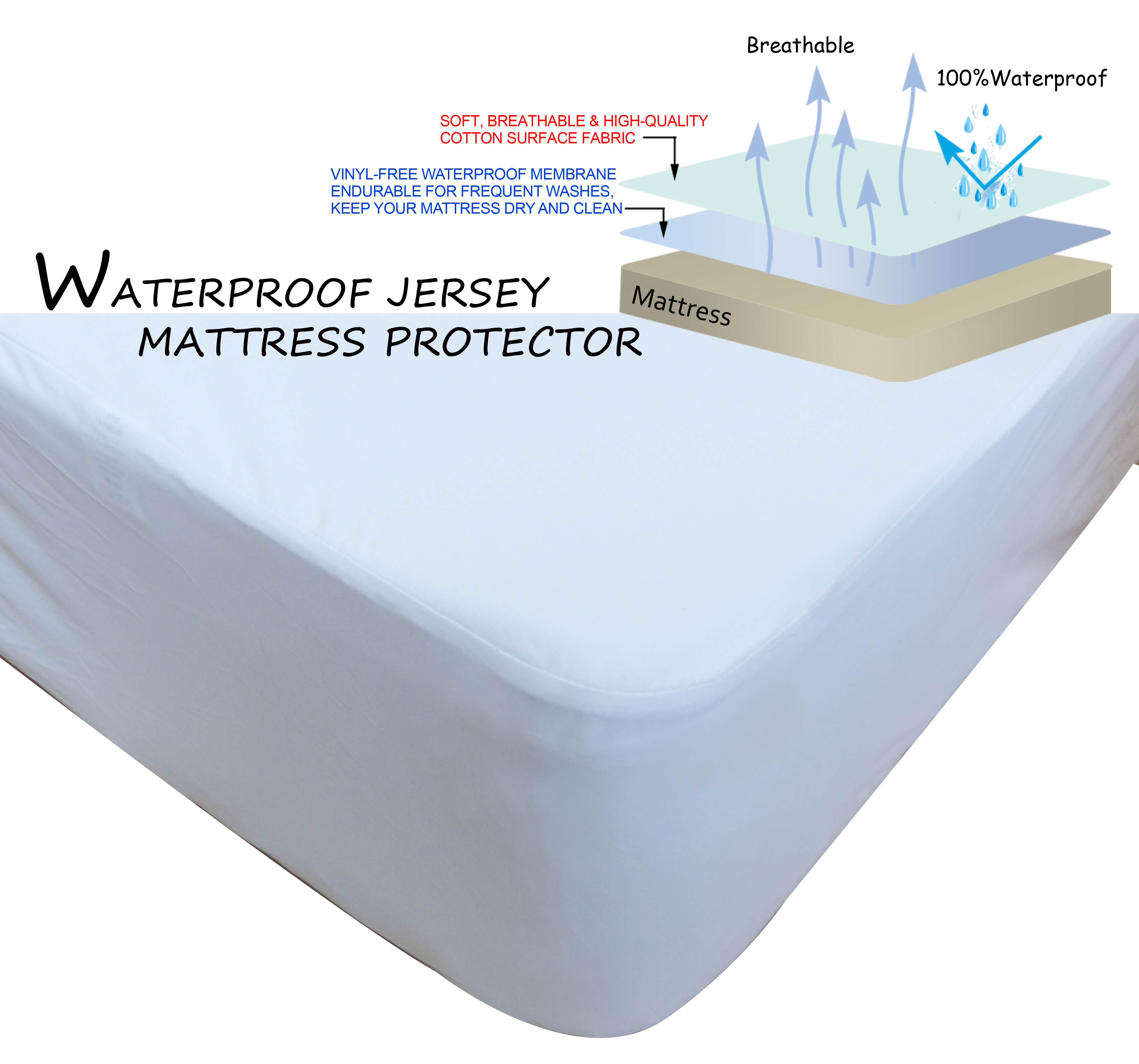 100% Jersey Cotton Waterproof Mattress Protector Mattress Cover Pillowcase Pillow Cover with TPU Lamination