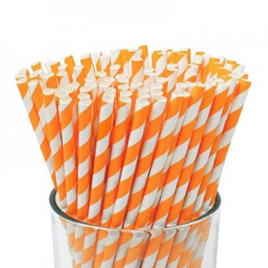 Orange at White Striped Paper Straw 8 Inch