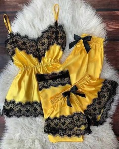 Virinaj 3 Pecoj Piĵamoj Aroj Sexy Lace V-Kolo Shorts Dormvestaĵo