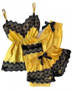 Пижамаҳои 3 порчаи занона Маҷмӯаҳои Sexy Lace V гардан шортҳо Либоси хоб