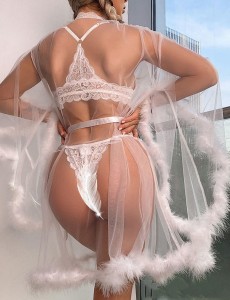 New Arrival Sexy Lace Long Sleeve Robe Gauze Feather Edge Underwear Sexy Lingerie