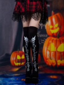Medias altas sobre os xeonllos/coxas temáticas de Halloween, calcetíns longos con patrón de terror para mulleres, divertida festa de Cosplay