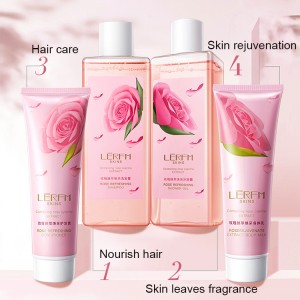 6 kpl ruusuuute shampoosetti suihkugeeli shampoo vartalovoide hoitosarja vartalohoito kylpy kylpyläpakkaus lahjasetti