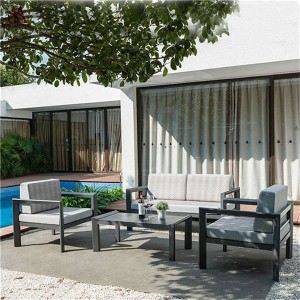 Modern 4 Pieces Sofas Sectionals Outdoor Aluminum Gray All Weather Patio Garden Living Room Conversation Furniture With Cushions