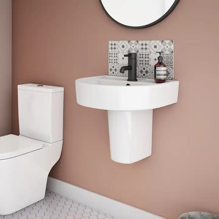 Yarim oyoqli lavabo sur kolonna yarim havzasi oq keramik lavabo Devorga o'rnatilgan lavabo
