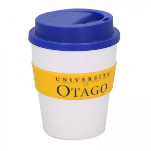Customized na 350ml plastic travel coffee mug na may silicone sleeve