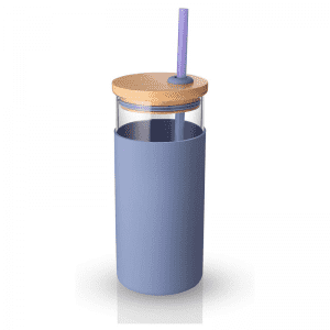 16 uncijų be BPA spalvoto geriamojo stiklo puodelis su šiaudų silikono apsaugine rankovių bambuko dangteliu
