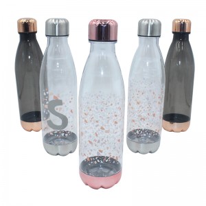 Shishe uji sportiv tritan në formë shishe cola me kapak dhe bazë çeliku që mbron nga rrjedhjet prej çeliku të pandryshkshëm