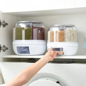 Kitchen Moisture-Proof 6-Grid Rotating Food Grain Dispenser Cereal Storage Box ឧបករណ៍ដាក់ធុងអង្ករ