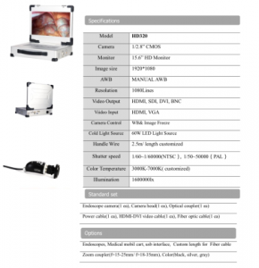Système de caméra endoscopique HD 320 trois en un avec moniteur de 15,6 pouces