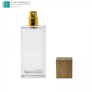 Plokščias kvadratinis kvepalų stiklinis buteliukas su bambuko dangteliu