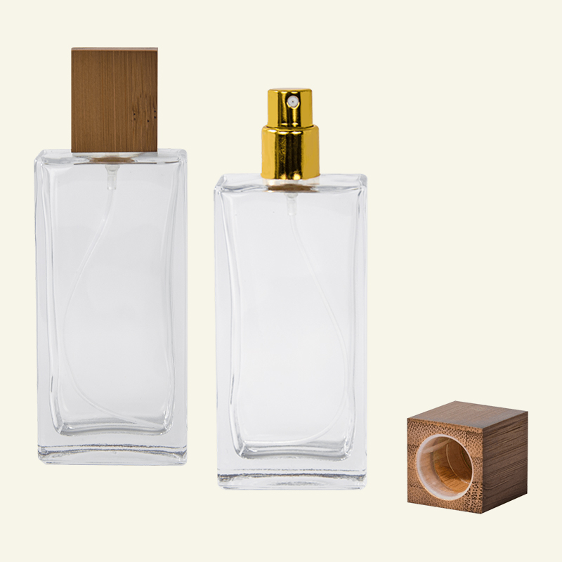 Bottiglia di vetro per olio essenziale quadrata piatta con bambù