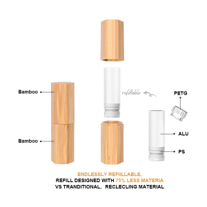 Tubo per rossetto esagonale ricaricabile Ricaricabile, riciclabile, involucro biodegradabile al 100%.