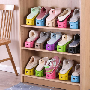 Double-Layer Storage Rack Footwear Support Slot Space Saving Cabinet Stand Adjustable Folding Plastic Shoe Rack Organizer