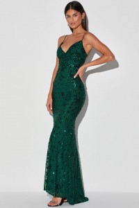Green Sequin Lace-Up Maxi suknelė Gamintojas