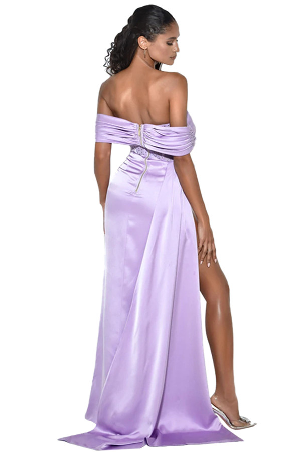 Rochie maxi din satin cu corset cu umeri dezactivati, violet