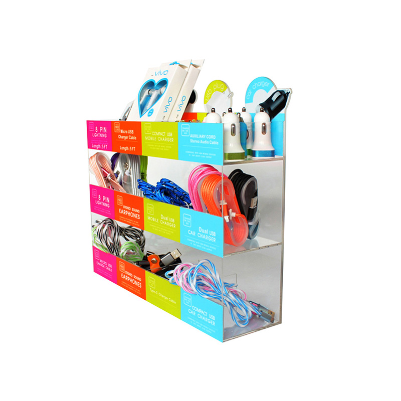 Trije-tier dúdlik acryl display stand foar accessoires foar mobile tillefoan