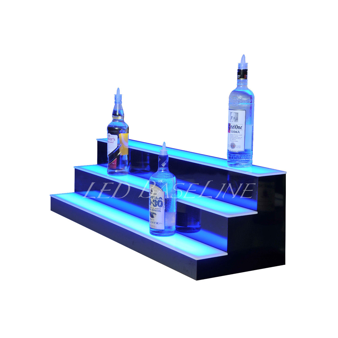 3-stufiger, beleuchteter Weinflaschenständer aus Acryl mit RGB-Beleuchtung und individuellem Logo