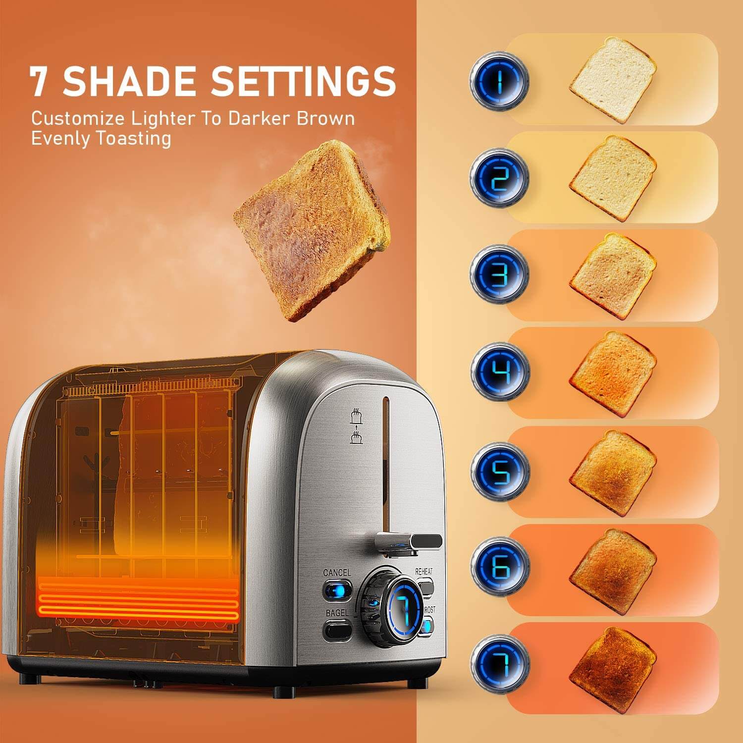HadinEEon Stainless Steel Toaster 2 Slice, LED 7 Browning Levels, 4 Mu
