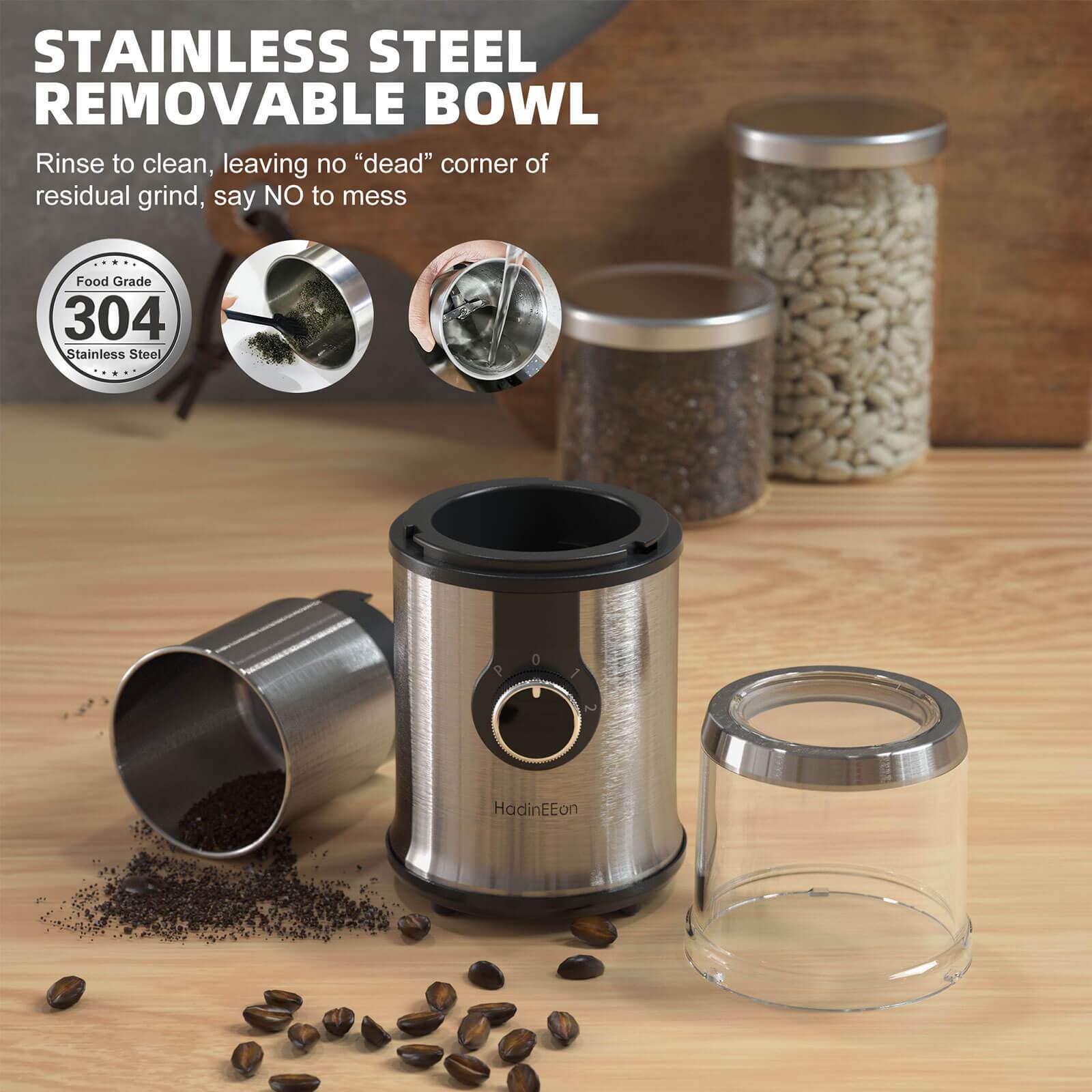 HadinEEon Detachable Coffee Grinder, Large Stainless Steel, 100g/16 Cu