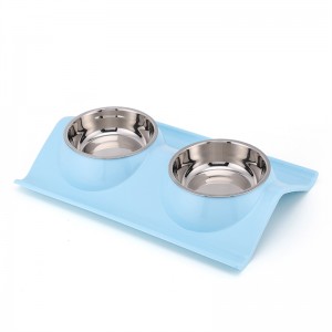 Mangkuk Hewan Peliharaan Anjing Stainless Steel Ganda Premium dengan alas plastik