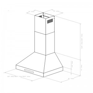 36-palcový nástenný konvertibilný komínový digestor v štýle pyramídy 30-palcový so 4-rýchlostným výfukovým ventilátorom, nehrdzavejúca oceľ 24-palcový